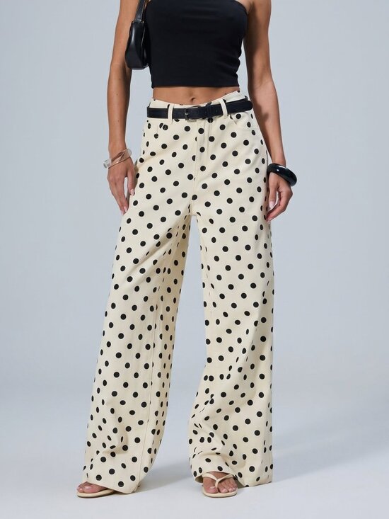 Denim - Women Off White Polka Dot Wide Leg Jeans Cotton High Waist Casual Pants
